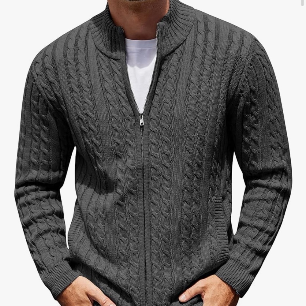 COOFANDY Men's Gray Cable Knit full zip Sweater cardigan with pockets, size L